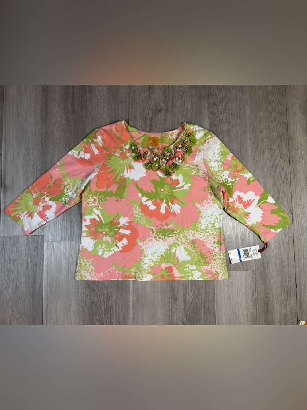 Ruby Rd. Women’s Petite Floral Stretch Knit Top PXL Pink Multi 3/4 NWT